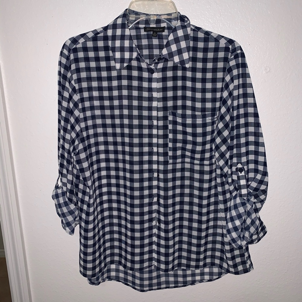 Navy Blue Plaid Collared Button Down
